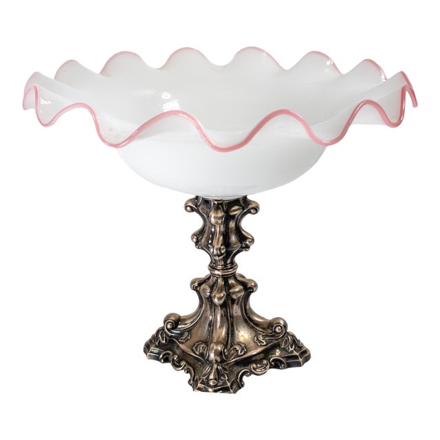19th Century German 12 Loth Silver White and Pink Glass Centerpiece Compote For Sale