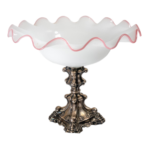 19th Century German 12 Loth Silver White and Pink Glass Centerpiece Compote