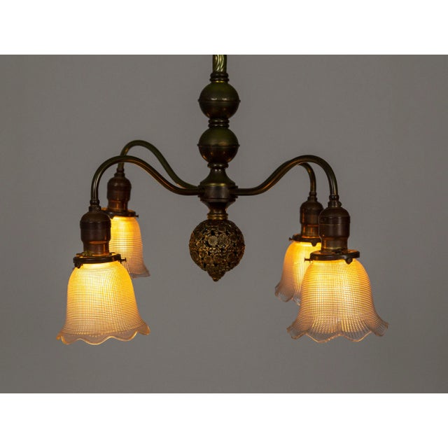 Victorian Brass Chandelier With Floral Ball & Bellflower Glass Shades For Sale In San Francisco - Image 6 of 13