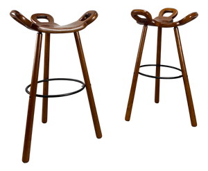 Brutalist Bar Stools in Stained Beech, 1970s, Set of 2