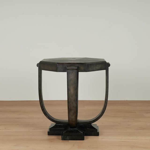 Impressive pair of mid century octagon tables handcrafted in a dramatic art deco style ,clad in faux shagreen and set on a...
