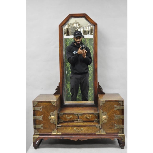 Antique Japanese Wood & Brass Small Low Kyodai Vanity Dressing Table With Mirror For Sale - Image 18 of 18