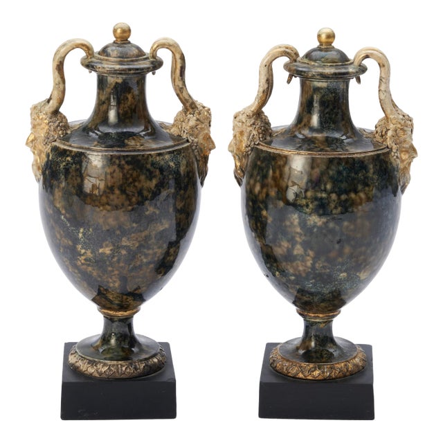 Antique 18th Century George III Wedgwood & Bentley Creamware Urns or Mantel Vases With Faux Stone Glaze & Satyr Mask Handles Circa 1780 - A Pair For Sale
