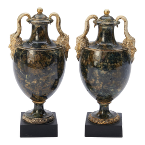Antique 18th Century George III Wedgwood & Bentley Creamware Urns or Mantel Vases With Faux Stone Glaze & Satyr Mask Handles Circa 1780 - A Pair