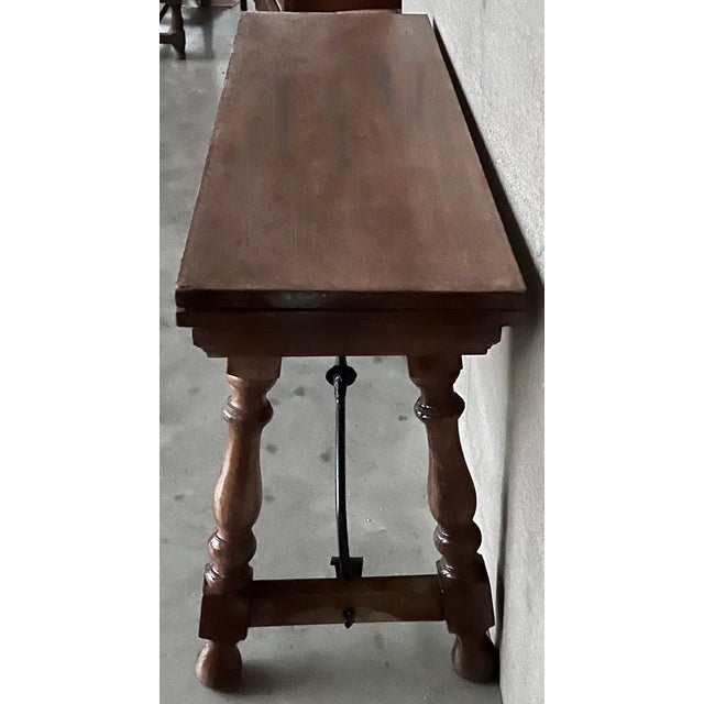 Metal 20th Century Spanish Console Fold Out Farm Table With Iron Stretcher For Sale - Image 7 of 11