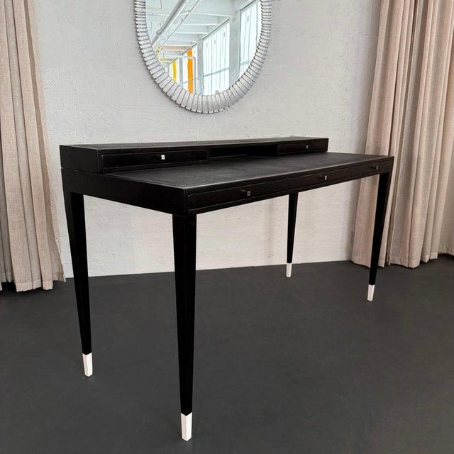 2010s Italian Designer Tiered Black Lacquer Shagreen Leather Writing Desk For Sale - Image 5 of 14