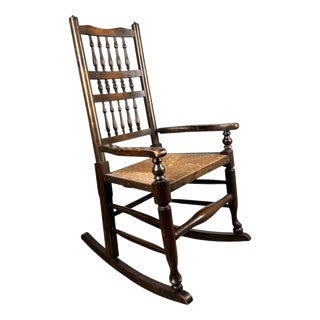 Antique Oak Spindle Back Rocking Chair with Rush Seat, 1900s For Sale