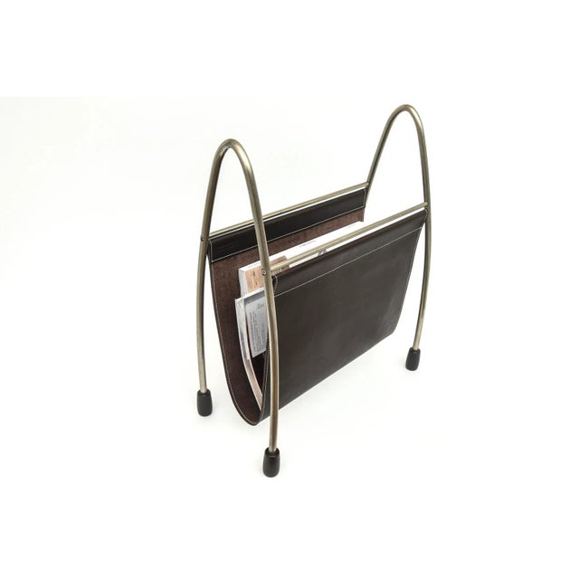 Modern Swing Brown Stiched Leather, Stainless Steel and Rubber Feet Magazine Stand For Sale - Image 4 of 12
