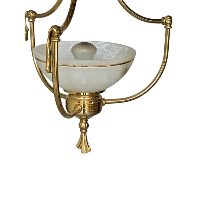 Antique Victorian Brass Pendant Light with Opaline Glass Dome and Gold Tassels, England, 1920 For Sale - Image 3 of 7