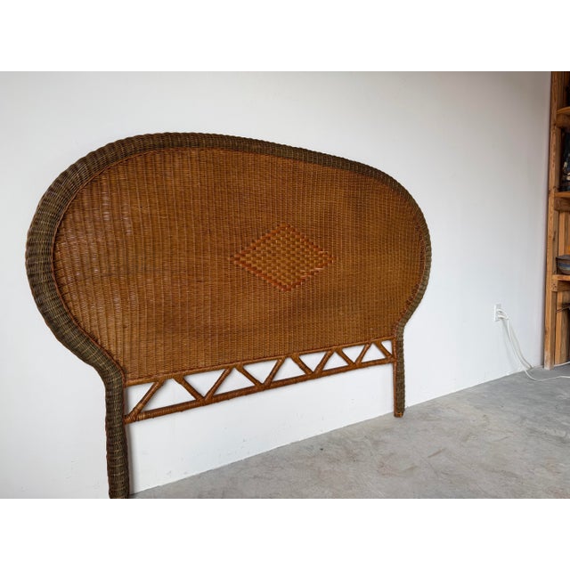 Boho Chic Vintage Coastal Boho-Chic Arched Rattan & Wicker Queen Size Headboard With Woven Diamond Accent For Sale - Image 3 of 13