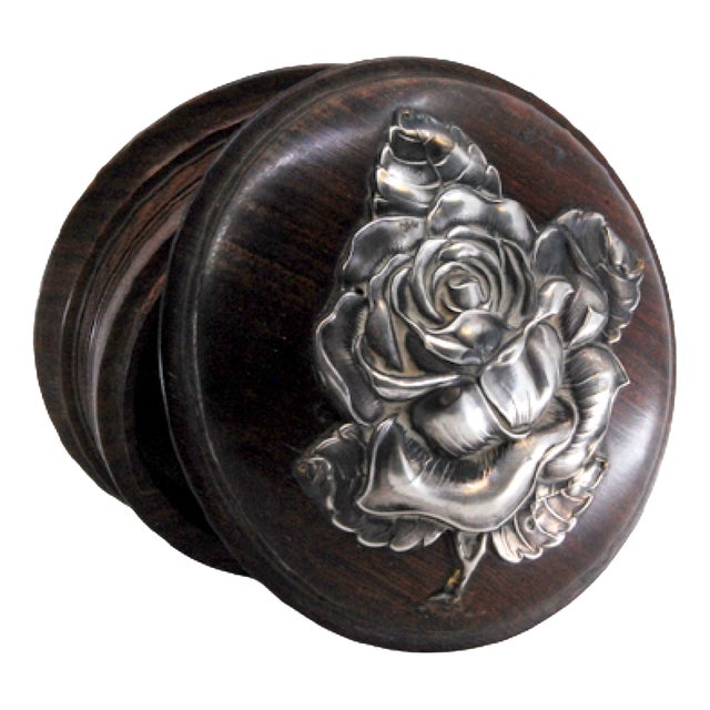 Rosewood Jewelry Box with Rose Silver Embossed Lid For Sale