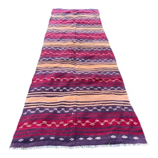 Vintage Striped Embroidered Wool Flatweave Kilim Rug For Sale