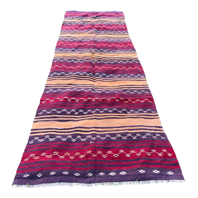Vintage Striped Embroidered Wool Flatweave Kilim Rug For Sale