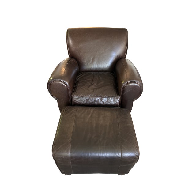 Art Deco Manhattan Roll Arm Top-Grain Leather Club Chair & Ottoman – Mitchell Gold + Bob Williams for Pottery Barn For Sale - Image 3 of 3