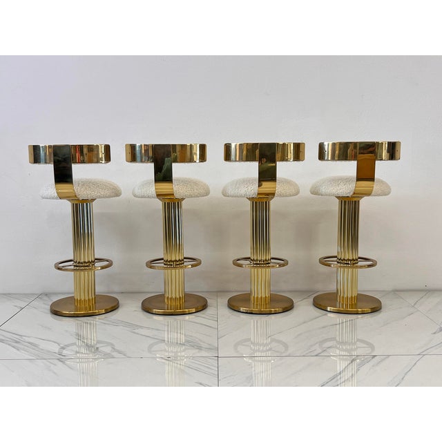 Design for Leisure Set of 4 Brass Barstools, Ivory Boucle, Signed, 1987 For Sale - Image 9 of 18