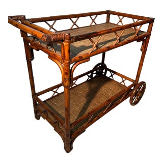 1970s Vintage Bamboo, and Grasscloth Two-Tiered, Tea Cart or Bar For Sale