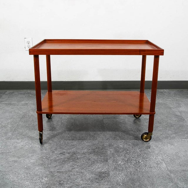 1960s Mid Century Danish Modern Serving Cart Trolley Teak Rolling Bar Glass Serving Vg For Sale - Image 10 of 12
