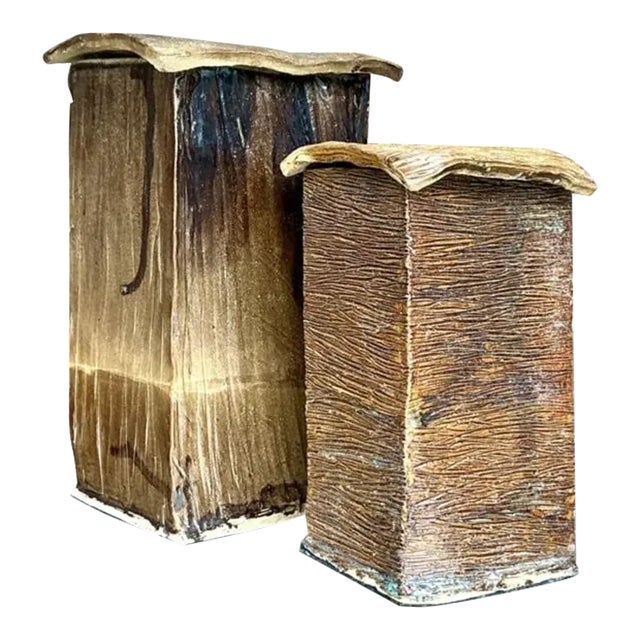 Vintage Boho Studio Pottery Square Lidded Vases - Set of 2 For Sale