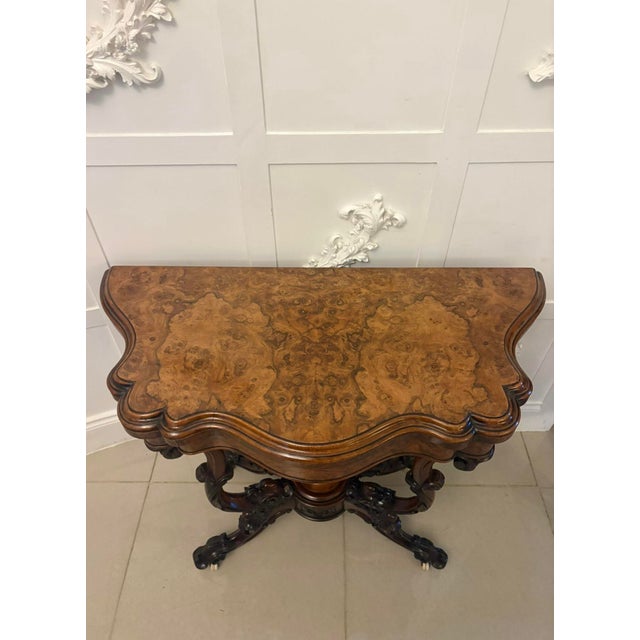 Antique Victorian Burr Walnut Card or Console Table with Carved Basket Base, 1850 For Sale - Image 15 of 16