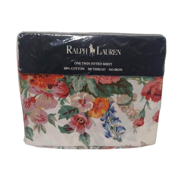 Shabby Chic Vintage Ralph Lauren Southampton Floral Beach Multi Twin Fitted, New Old Stock For Sale - Image 3 of 7