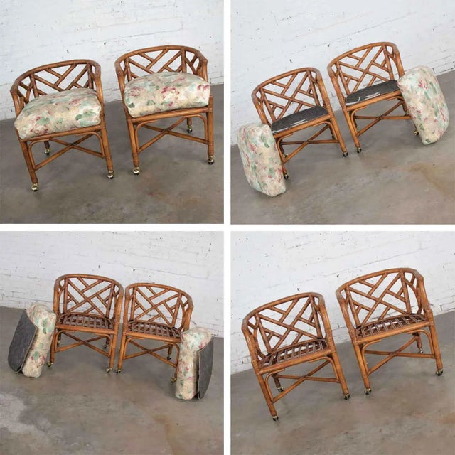 Vintage Chinese Chippendale Rattan Rolling Accent Chairs by Henry Link for Wicker - A Pair For Sale - Image 11 of 13