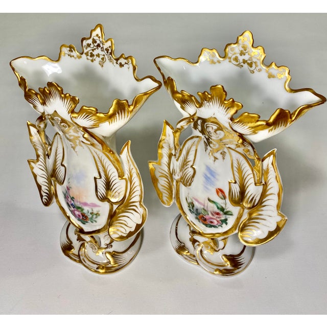 Antique Jacob Petit Style Old Paris Vases, Sculptural Gold Gilt, Hand Painted Porcelain, Spill Vases - a Pair For Sale - Image 4 of 11