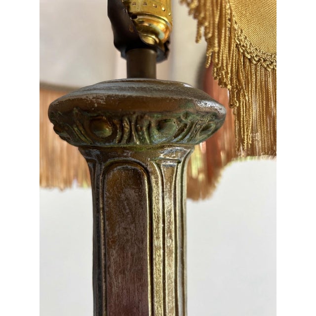 Late 20th Century Vintage Neoclassical Column Table Lamp With Floral Fringed Shade For Sale - Image 5 of 8