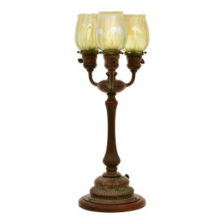 Antique Tiffany Studios Three-Light Favrile Glass Lamp "Pulled Feather Shades" For Sale