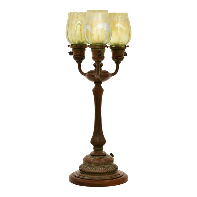Antique Tiffany Studios Three-Light Favrile Glass Lamp "Pulled Feather Shades" For Sale