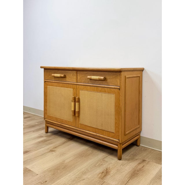 Vintage Coastal Wicker Rattan Blonde Buffet Natural Wood Two Drawer Cabinet For Sale - Image 4 of 18