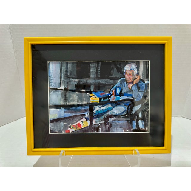Lot of three contemporary portrait works, each framed in a bold yellow frame. No artist signature. The group includes...