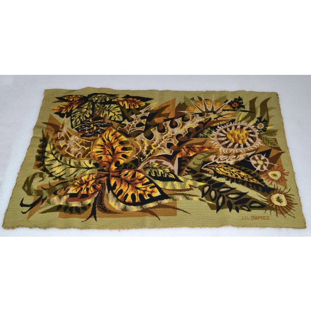 Mid-Century Modern French rectangular handwoven wool and cotton tapestry on a Jean Claude Duprez canvas. Depicting Autumn...
