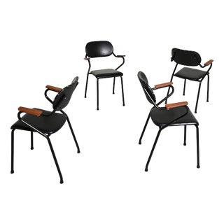 Vintage Leather and Metal Chairs with Wooden Inserts, 1950s, Set of 4 For Sale
