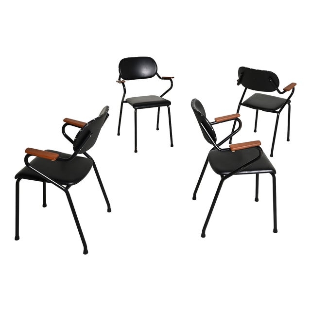 Vintage Leather and Metal Chairs with Wooden Inserts, 1950s, Set of 4 For Sale