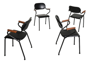 Vintage Leather and Metal Chairs with Wooden Inserts, 1950s, Set of 4