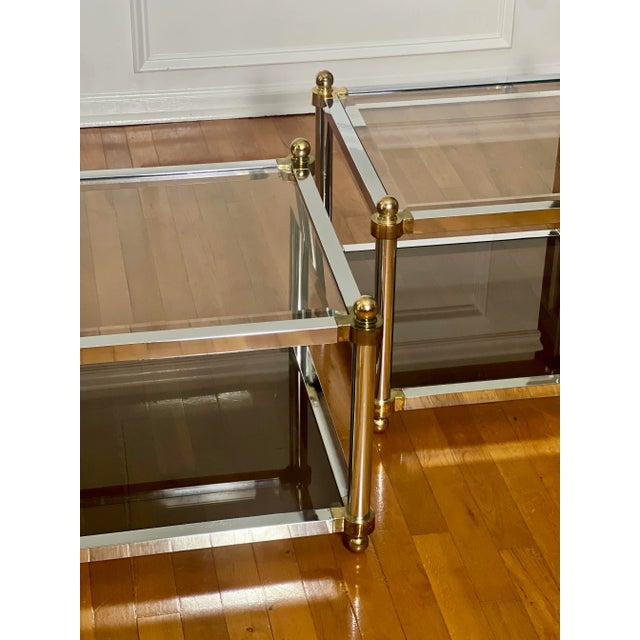 Chrome Mid Century Maison Jansen Style Two Tier Brass and Chrome Glass Square Tables, Pair For Sale - Image 8 of 12