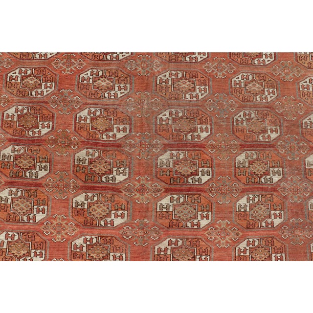 Antique Tekke Rug With Gul Motif in Rich Coral and Ivory Tones 8'0 X 18'10 For Sale - Image 4 of 12