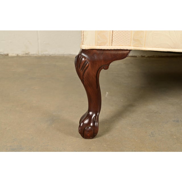 Ethan Allen Chippendale Carved Mahogany Upholstered Camelback Sofa For Sale - Image 9 of 13