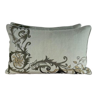 Custom Embroidered Linen Pillows, Rococo Revival Style, Italy, Pair For Sale