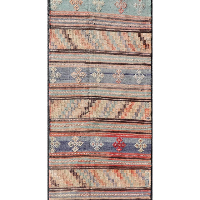 Tribal Vintage Turkish Kilim Runner in Geometric Design & Colorful Stripes 2'10 X 11'3 For Sale - Image 3 of 11