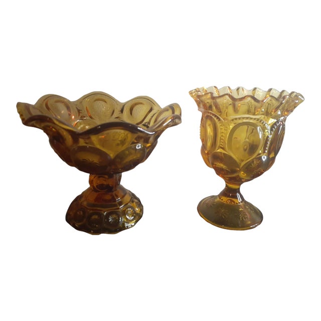 1950s Le Smith Amber Moon & Star Ruffled Edge Pedestal Compotes- Set of 2 For Sale