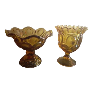 1950s Le Smith Amber Moon & Star Ruffled Edge Pedestal Compotes- Set of 2