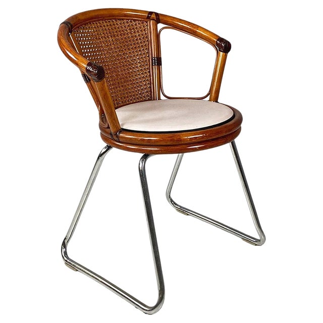 Modern Italian Cockpit Chair in Vienna Straw Wood and Steel, 1970s For Sale