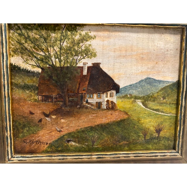 Green Small Vintage Landscape Painting With Chickens Signed For Sale - Image 8 of 9