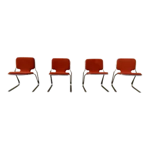 Late 20th Century Mid Century Chrome Base Red Red Wool Polyform Cantilever Dining Chairs - Set of 4
