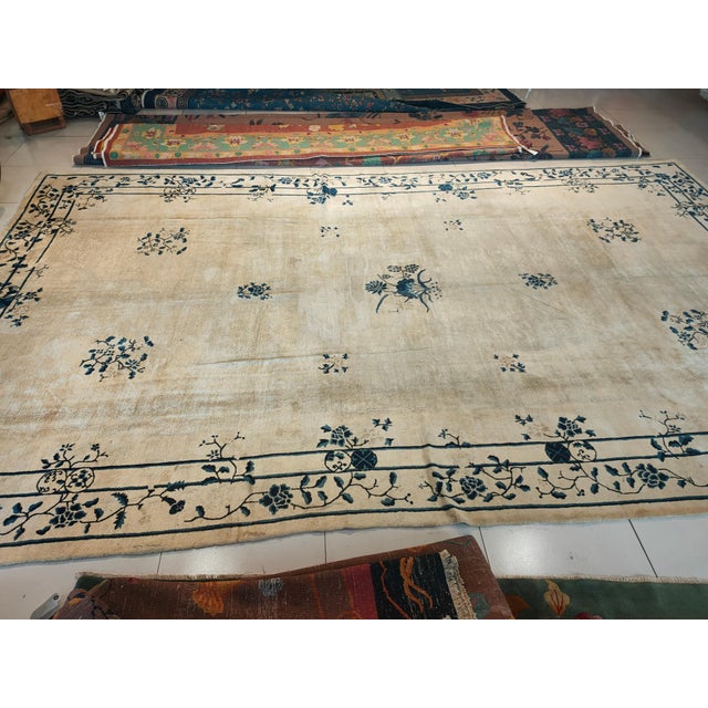 Blue Exceptional Ivory Color With Unique Florid Design Antique Chinese Peking Rug For Sale - Image 8 of 10