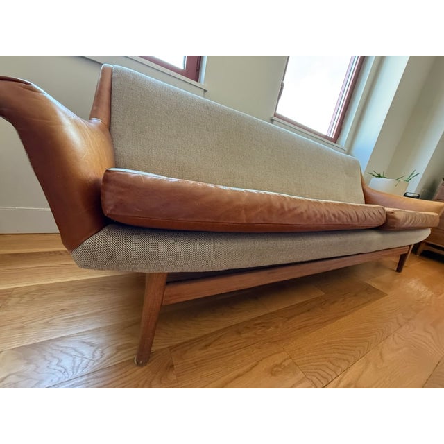 Beloved Mid Century Modern Couch. Unique, one of a kind. Re-Upholstered in Brown Leather and sturdy, soft textured Wool...