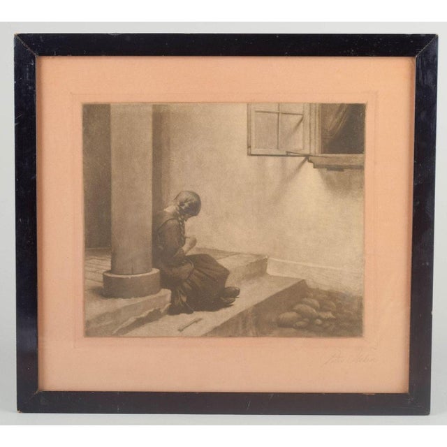 Peter Ilsted (1861–1933) “Girl by Column”. Mezzotint. Atmospheric exterior scene depicting a young girl by a column —...