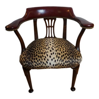 1910s Antique Victorian Leather & Faux Leopard Arm Chair For Sale