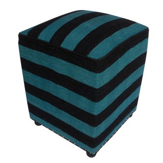 Shabby Chic Arshs Deedra Teal/Black Kilim Upholstered Handmade Ottoman For Sale